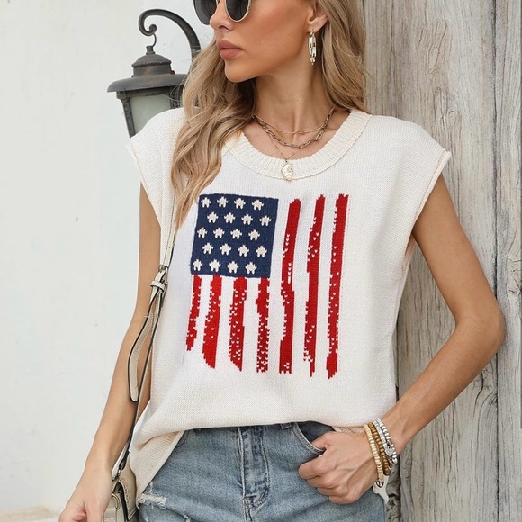 American Flag Sleeveless Sweater Vest - Casual Crew Neck Knitted Pullover - Picture 2 of 6